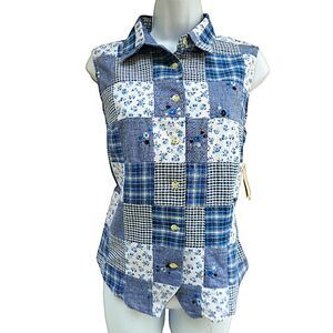 NEW Vintage St. John's Bay Vest Authentic Patchwork Blue White Floral Embroidery